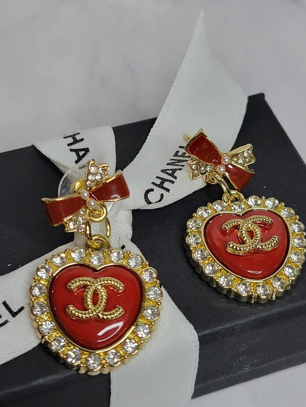 Deep Red/Crystal Bow & Heart CC Earrings